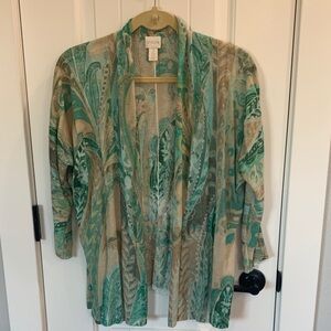 Chico's Teal and Beige Leaf Print Cardigan